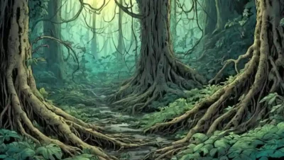 Una red fúngica que conecta las raíces vegetales en un exuberante ecosistema forestal.