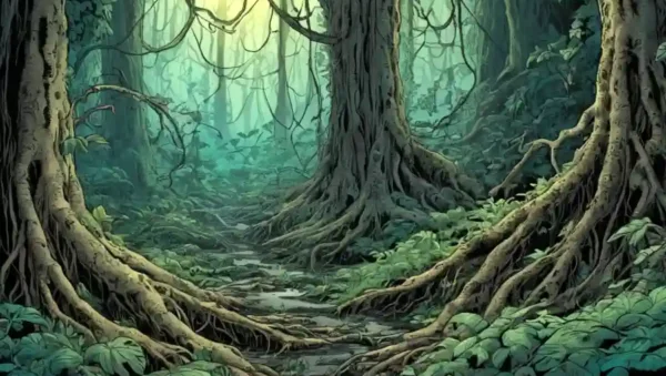 Una red fúngica que conecta las raíces vegetales en un exuberante ecosistema forestal.