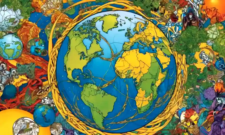Diversas culturas interconectadas simbolizan a través de formas globales enredadas y formas orgánicas.