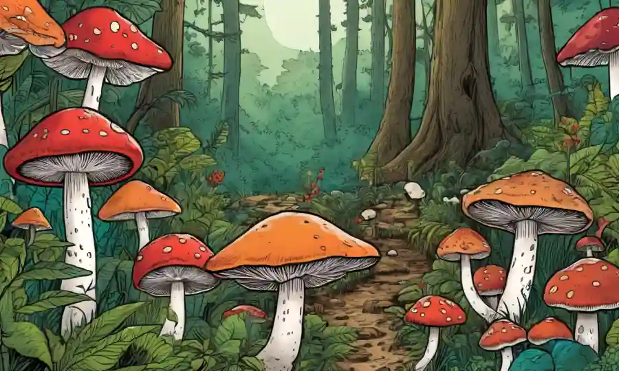Setas que crecen en la naturaleza, rodeadas de ilustraciones de ecosistemas forestales y cubiertas de libros.