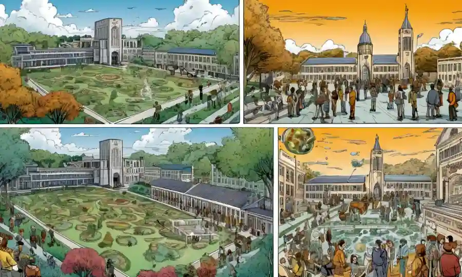 Escenas de varias universidades e instituciones de investigación en el fondo, con microorganismos endoficos muestras o diagramas delante.
