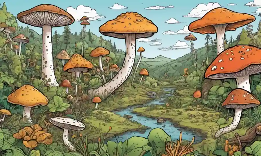 Fungi creciendo en varios hábitats con gráficos y mapas mostrando su distribución.
