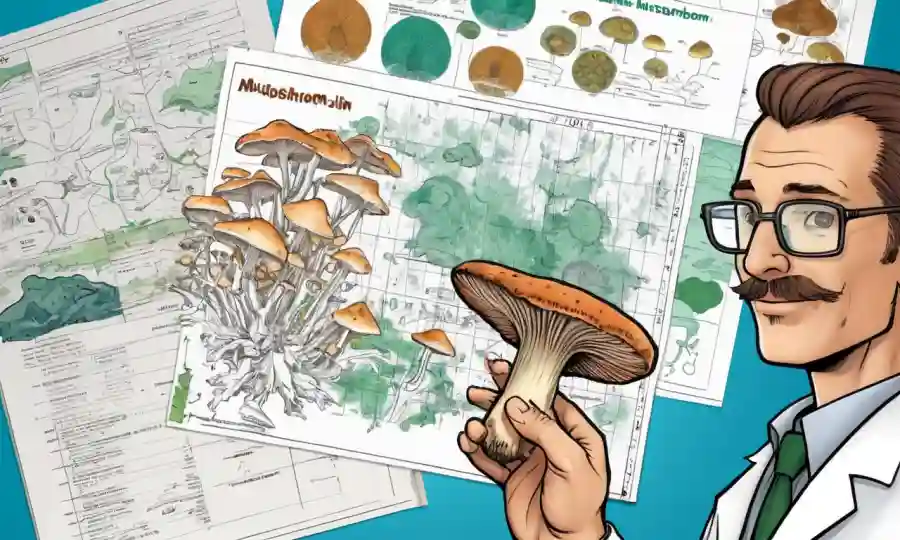 Un científico que sostiene una muestra de hongos junto a un gráfico detallado y varias hojas de datos.