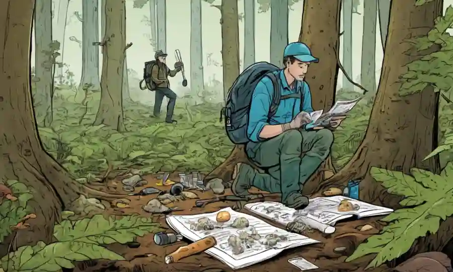 Persona recolectando muestras fúngicas en el bosque con equipos y notas.