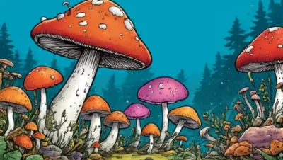 Una ilustración colorida de hongos defendiéndose contra diversos microorganismos.