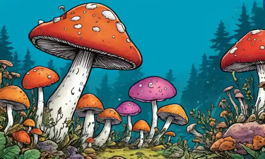 Una ilustración colorida de hongos defendiéndose contra diversos microorganismos.