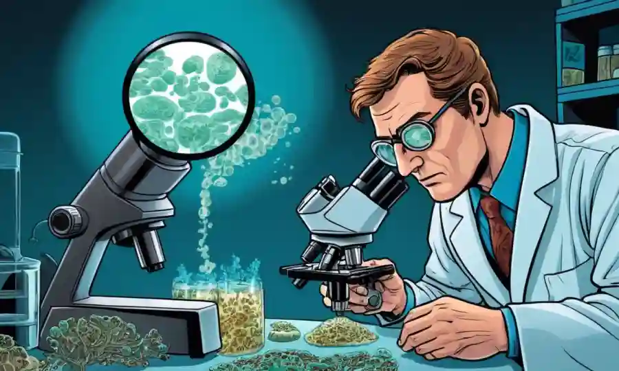 Microbiólogo examinando muestras de hongos bajo lente microscopio.