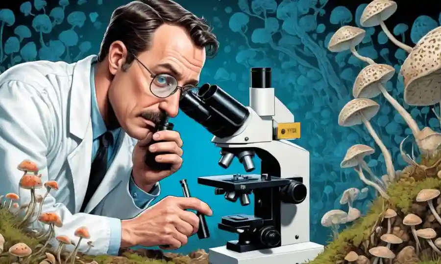 Un científico mirando a través de un microscopio a pequeñas estructuras fúngicas con una ilustración histórica de fondo.