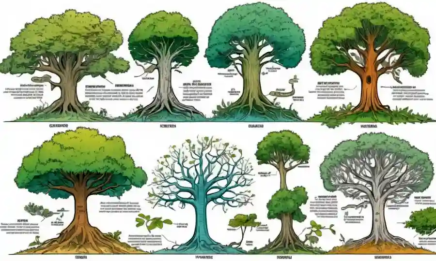 Diagramas científicos de árboles evolucionarios con especies ramificadoras y etiquetas.