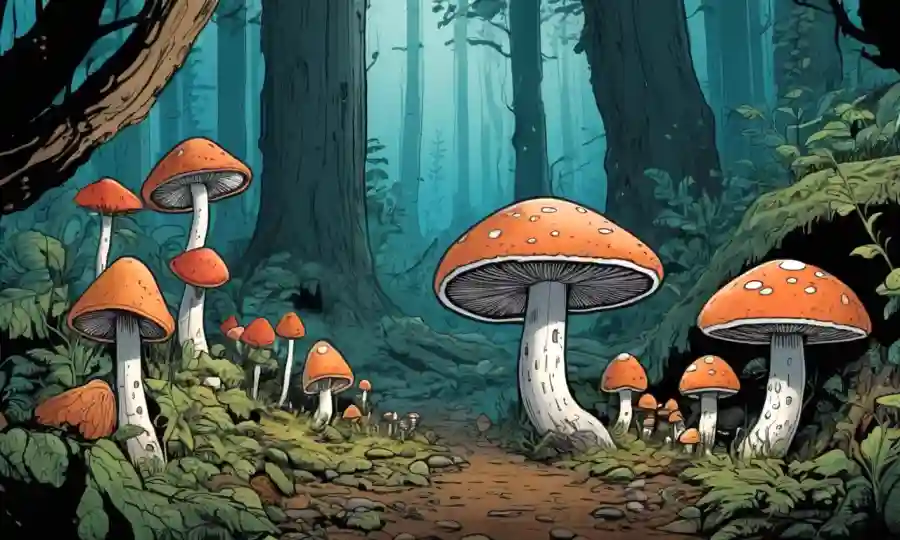 Fungi de varias formas y tamaños creciendo en un ecosistema forestal o subterráneo.