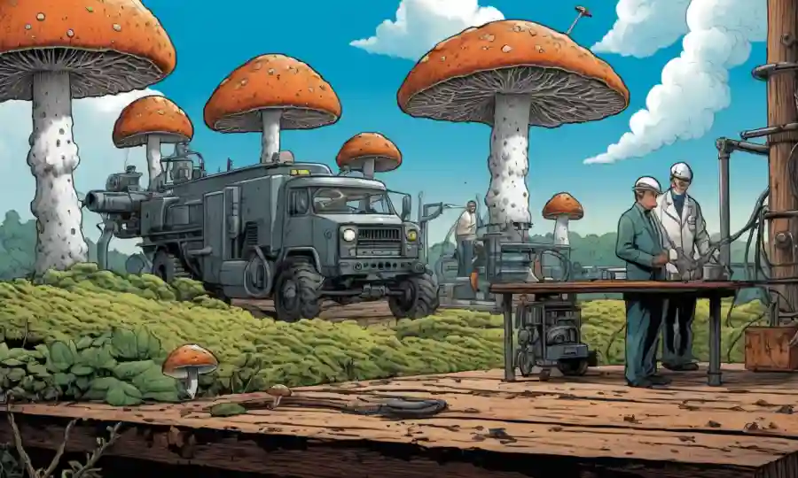 Fungi creciendo en madera con equipos industriales y científicos observando en el fondo.