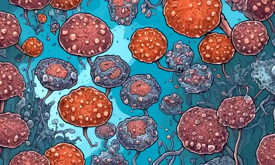Imagen microscopio de células fúngicas que muestran degeneración celular y diversos equipos de laboratorio.