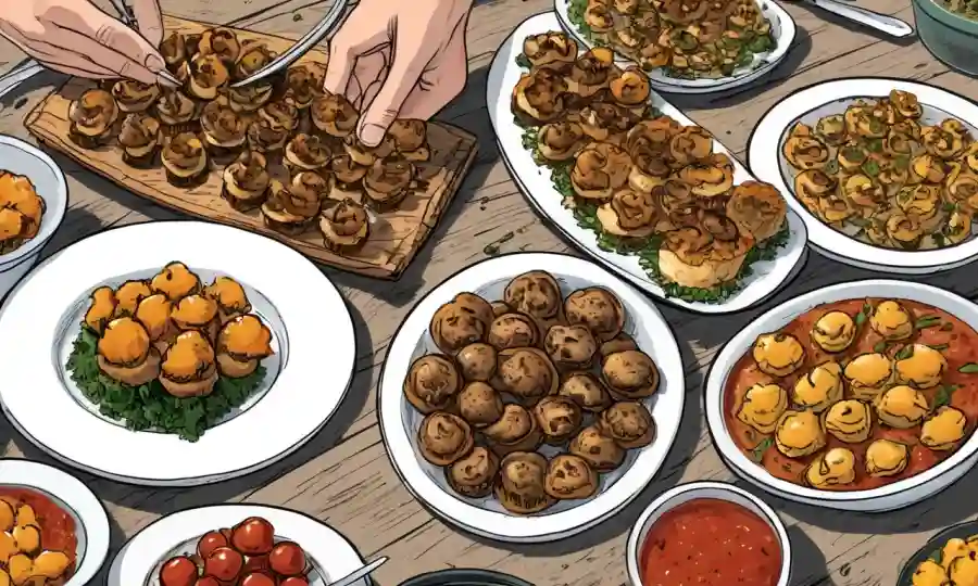 Setas salteadas se colocan en varios aperitivos.