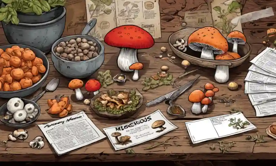 Varias especies de hongos en una mesa rústica, rodeadas de tarjetas de receta e ingredientes frescos.