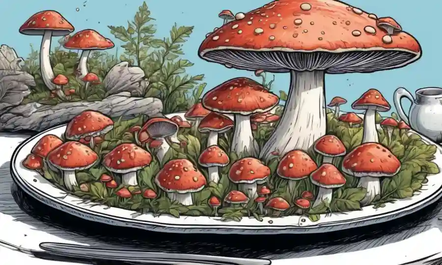 Impresionantes creaciones culinarias inspiradas en hongos en bandejas, con hongos como atracción principal.