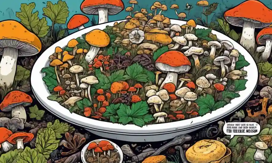 Un plato con varios tipos de hongos comestibles, rodeado de textos de beneficios para la salud.