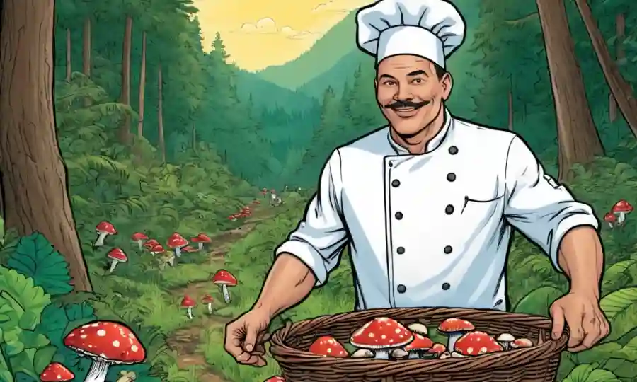 Un chef con una canasta de hongos frescos en medio de un exuberante paisaje forestal.