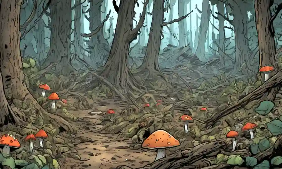 Un piso de bosque devastado con hongos en medio de la destrucción, rodeado de amenazas ambientales.