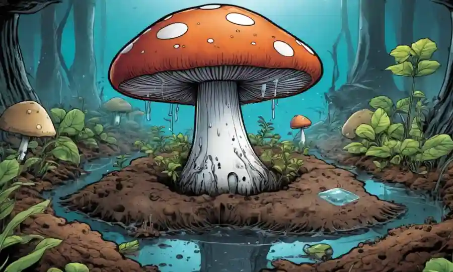 Un hongo creciendo en medio de suelo contaminado y agua