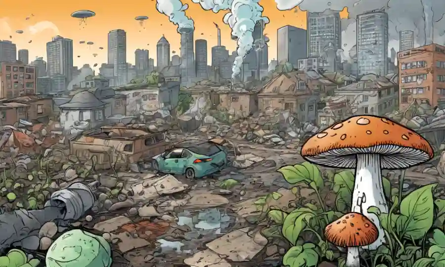 Un hongo creciendo en medio de la contaminación y los residuos, con un paisaje urbano en el fondo.