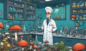 Un científico en un laboratorio rodeado de equipos médicos y culturas de diversos hongos.