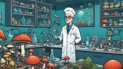 Un científico en un laboratorio rodeado de equipos médicos y culturas de diversos hongos.