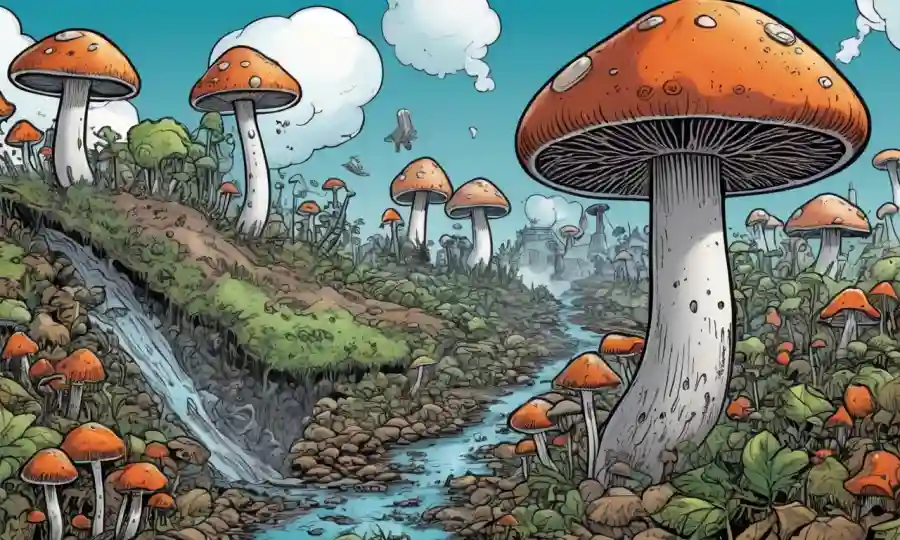 Imagen con hongos creciendo en medio de la contaminación o daño ambiental.