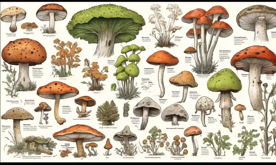 Un gráfico de identificación de hongos con varias especies agrupadas por categorías de amenazas.