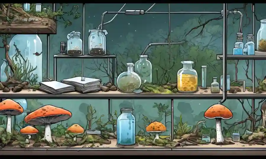 Muestras de hongos de diferentes ecosistemas mostrados en un entorno de laboratorio, con antecedentes de retos de conservación.