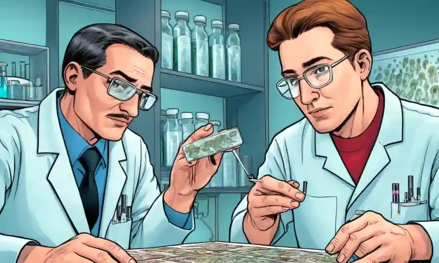 Profesionales médicos que examinan diapositivas de microscopio con ilustraciones gráficas de microorganismos.