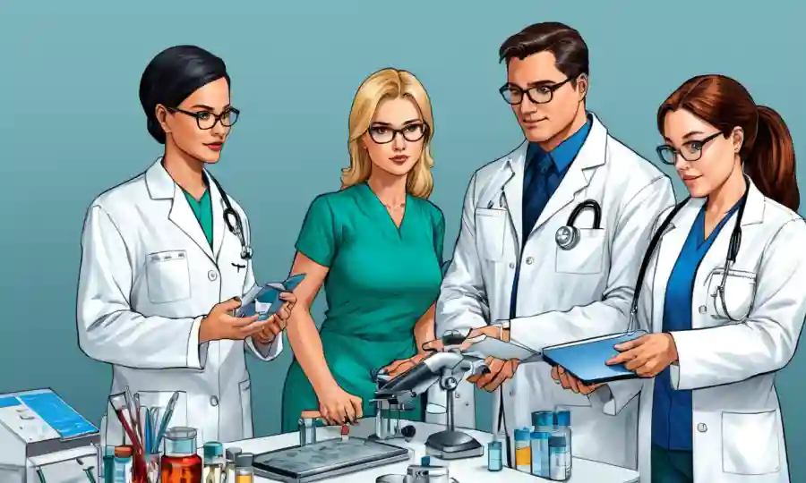 Los profesionales médicos de diferentes campos colaboran con cartas médicas y equipos de laboratorio.