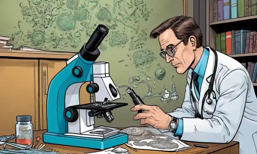 Un médico que estudia casos fúngicos con microscopio y notas.