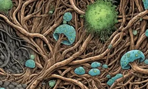 Imagen del microscopio que muestra estructuras fúngicas en raíces vegetales entre fondos complejos.