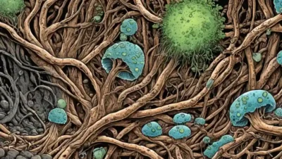Imagen del microscopio que muestra estructuras fúngicas en raíces vegetales entre fondos complejos.