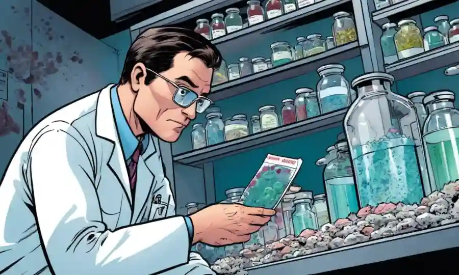 Un profesional mirando muestras de laboratorio y gráficos en medio del crecimiento fúngico.