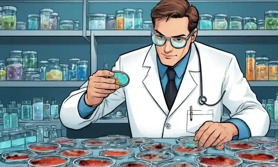 Un técnico de laboratorio en un abrigo blanco que examina los platos petri del crecimiento de hongos.