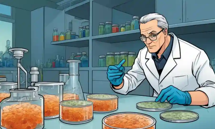Científico examinando culturas fúngicas en platos petri en un entorno de laboratorio.