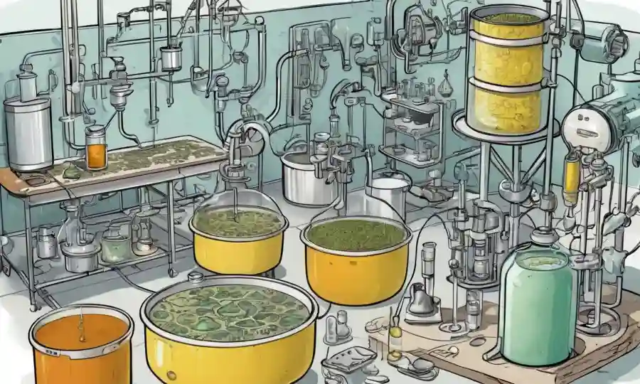 Equipo de laboratorio y cultivos de hongos en medio de diagramas que representan la tecnología de fermentación.