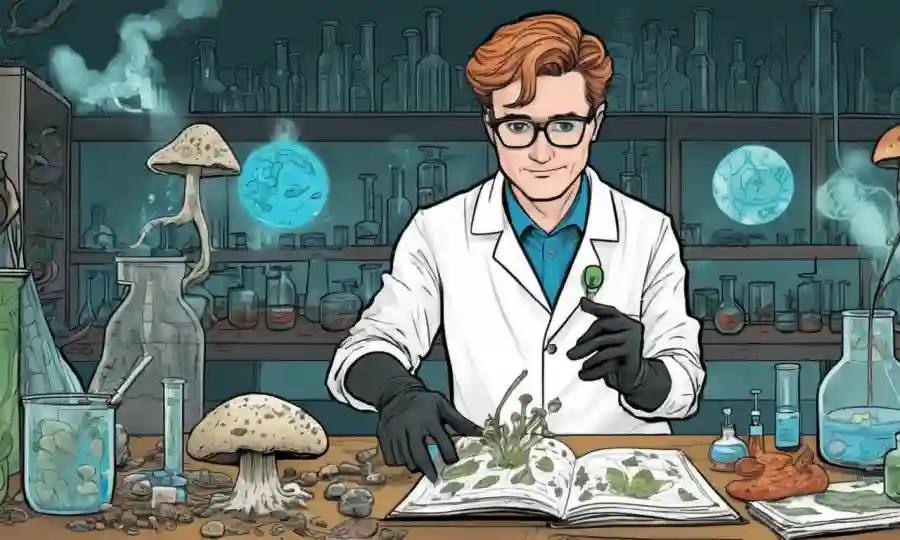 Científico en un laboratorio que regodea hongos con datos y gráficos de sostenibilidad.