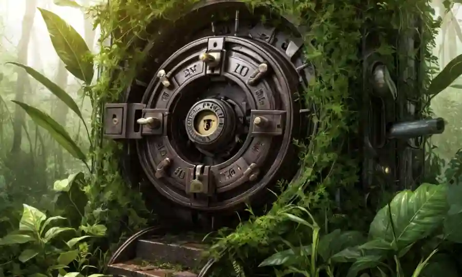 Una estructura similar a un bloqueo compuesto por elementos interconectados, rodeados de plantas y tonos terrenales.