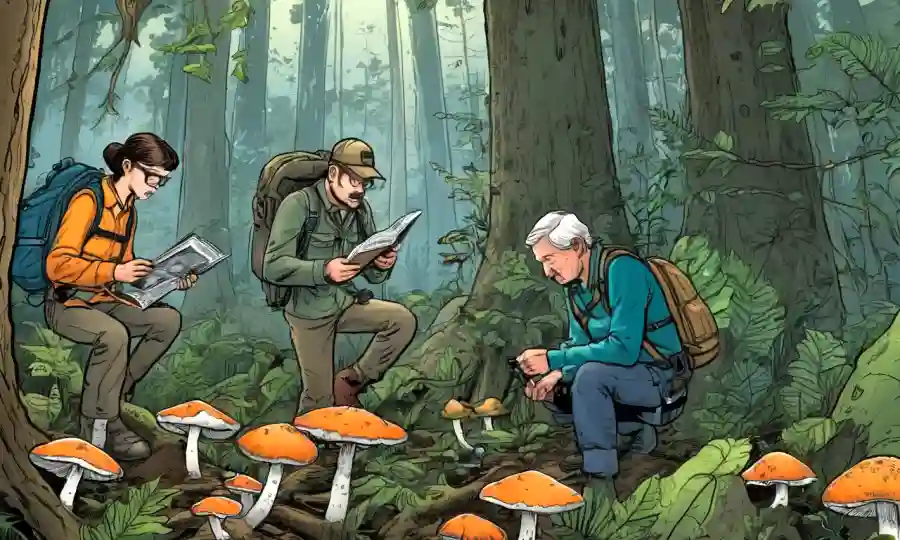 Los conservacionistas globales examinan especies de hongos en un hábitat forestal.