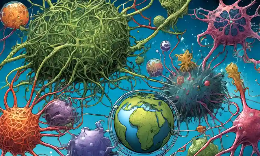 Una compleja red de organismos interconectantes que ilustran desafíos globales en la investigación simbiótica.