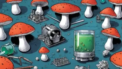 Capas de setas que rodean el equipo científico en una mesa de laboratorio.