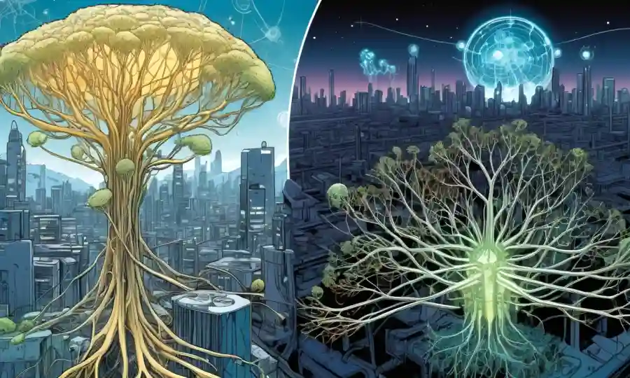 Diagramas científicos e imágenes de microscopio de redes micorrizales con paisajes urbanos futuristas en el fondo.