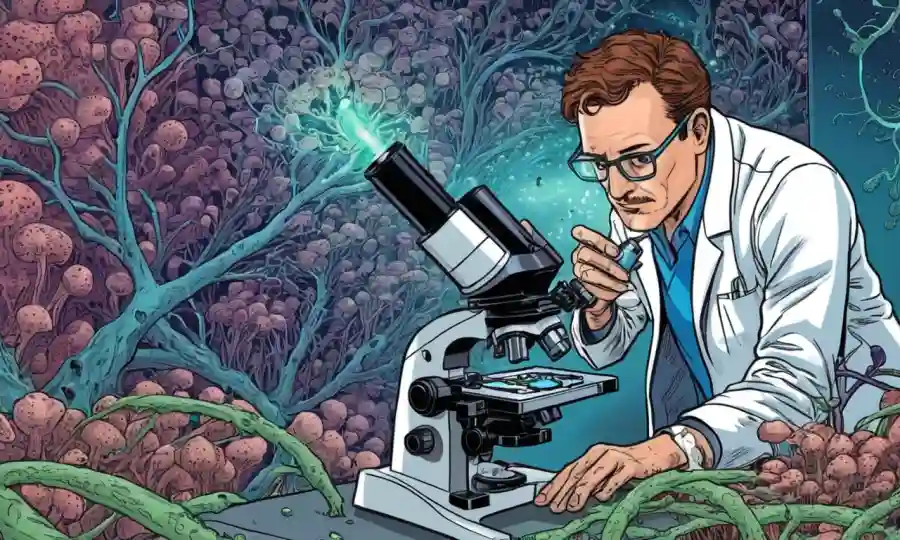 Científico que estudia redes fúngicas bajo microscopio.