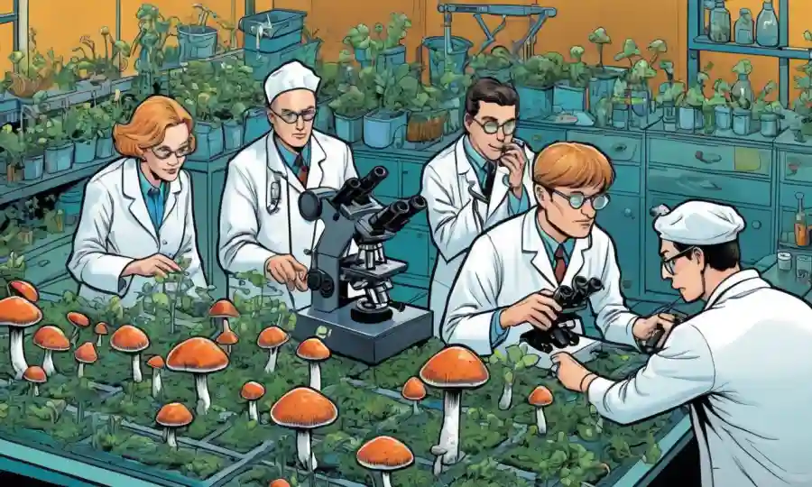 Científicos en capas de laboratorio que examinan hongos y microscopios entre varios contenedores de crecimiento.
