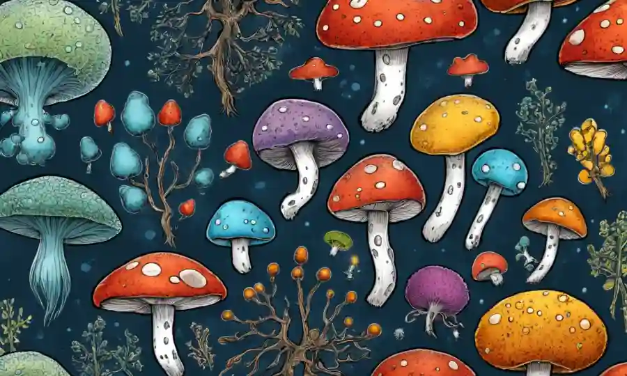 Estructuras moleculares de hongos junto a ilustraciones de solución de problemas.