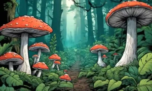 Fungi creciendo en medio de un exuberante follaje en un denso ecosistema forestal.
