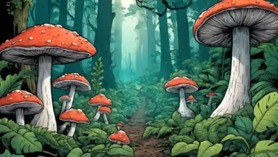 Fungi creciendo en medio de un exuberante follaje en un denso ecosistema forestal.