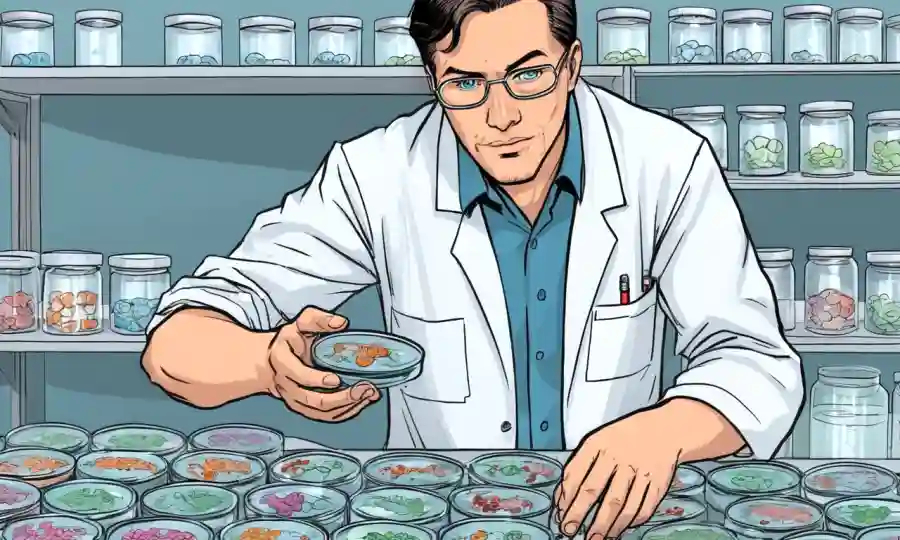 Un científico de laboratorio sostiene platos petri que contienen microorganismos en la simbiosis.